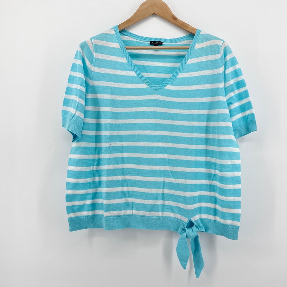 Talbots Womens XL Blue White Striped Cotton V-Neck Short Sleeve Side Tie Top